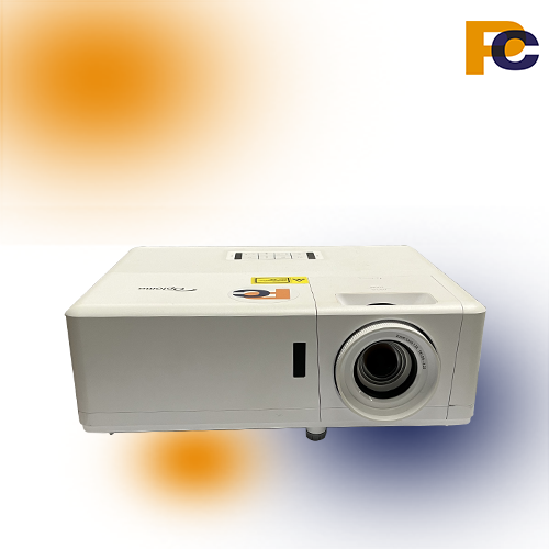 Hvis projekter med et stort projektorøje og et PC klistermærke i orange og blåt på toppen.